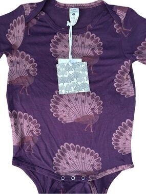 Kate Quinn-BAMBOO-Plum peacock print-Short sleeve-Lapneck-Bodysuit-Toddler-18-24